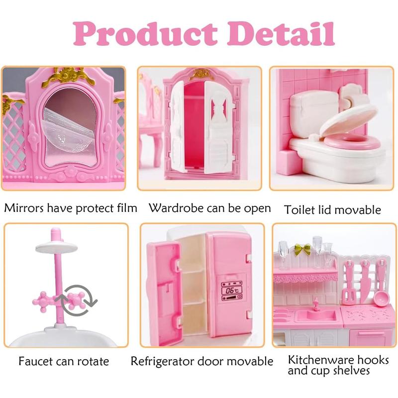 75 Pcs Dollhouse Furniture Set Accessories,Small Dollhouse Miniature Pretend Play Family Toys Gift,Toddler Boy Girl Kid 3Y+ Mini Bedroom Livingroom Bathroom Kitchen Infant Room Kit