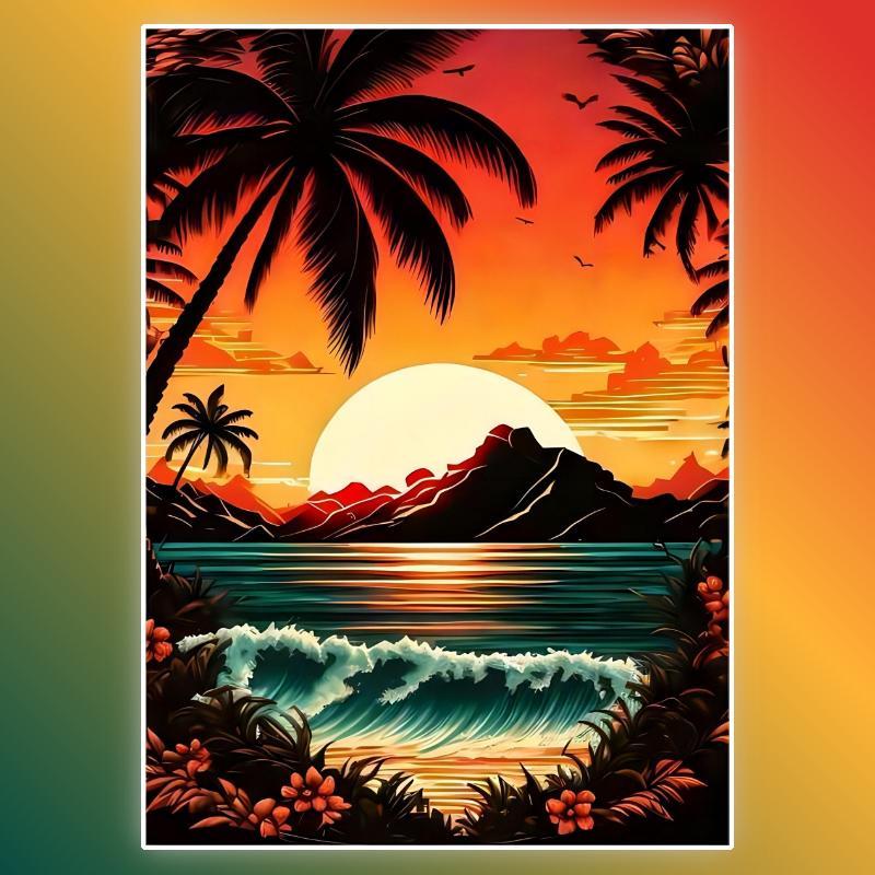 DIY 5D Diamond Painting Kit Without Frame, Sunset & Coconut Tree Pattern DIY Rhinestone Embroidery Set, Full Drill Diamond Painting By Number Kit