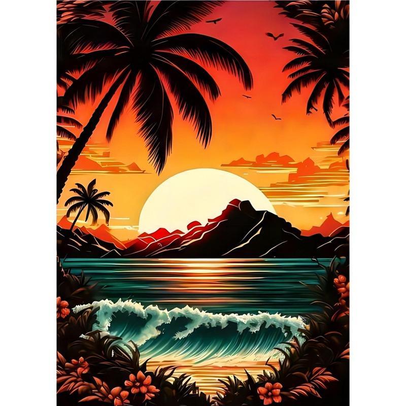 DIY 5D Diamond Painting Kit Without Frame, Sunset & Coconut Tree Pattern DIY Rhinestone Embroidery Set, Full Drill Diamond Painting By Number Kit