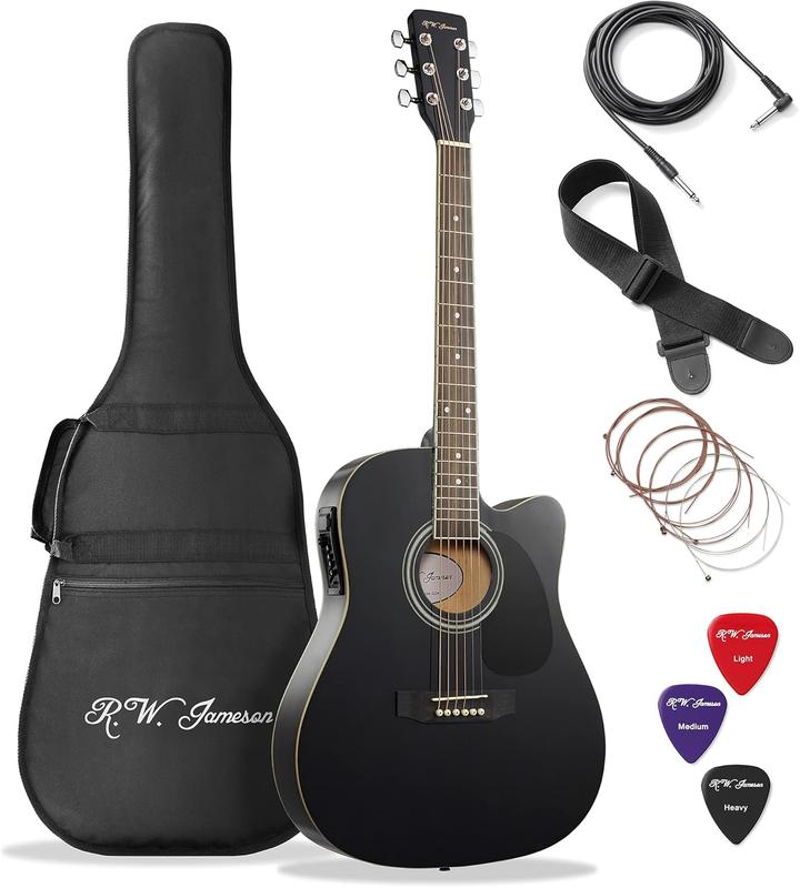 Full Size Thinline Acoustic Electric Guitar with Free Gig Bag Case & Picks Right Handed- Natural, Blue, Red, Black - SUNSET INSTRUMENTS