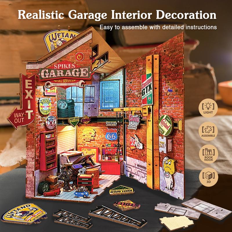 3D Wooden Garage Puzzle Miniature Book Nook Kits for Adults Teen, Book Nook Kit DIY Dollhouse Bookshelf Insert Decor with Sensor LED Light