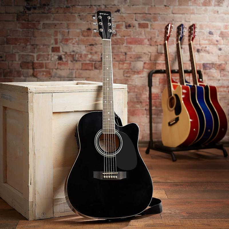 Full Size Thinline Acoustic Electric Guitar with Free Gig Bag Case & Picks Right Handed- Natural, Blue, Red, Black - SUNSET INSTRUMENTS