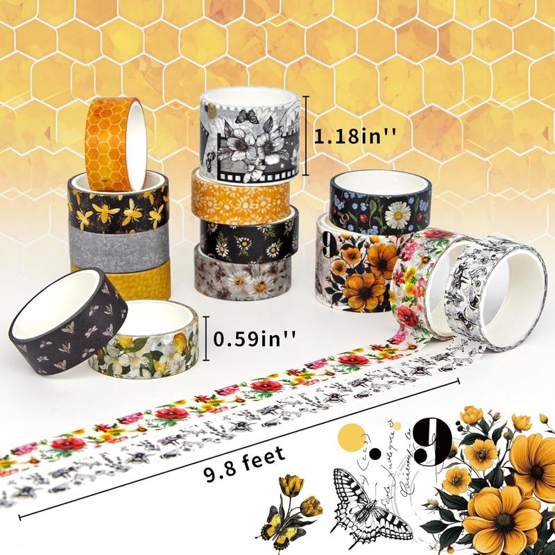 Washi Tape Set 14 Rolls, Vintage Bee Floral Butterfly Botanical Washi Tape, Yellow Black Decorative Tapes for Scrapbooking Supplies, Junk Journal, Bullet Journaling, Art Crafts