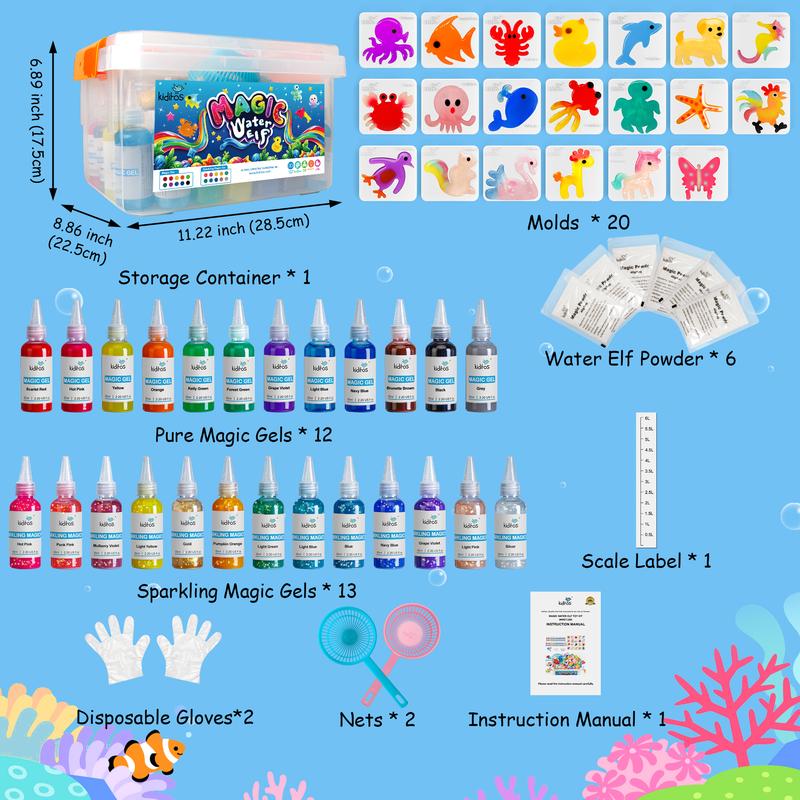 Kiditos magic water elf toy kit with 25 magic gels, 20 animal molds-Arts & Crafts DIY stem kits for kids (25 colors)