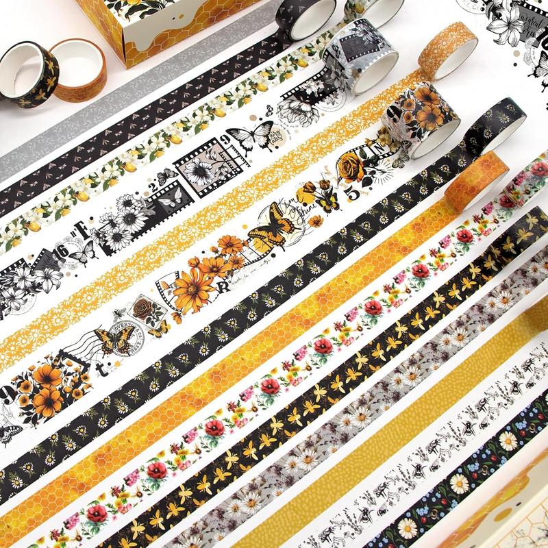 Washi Tape Set 14 Rolls, Vintage Bee Floral Butterfly Botanical Washi Tape, Yellow Black Decorative Tapes for Scrapbooking Supplies, Junk Journal, Bullet Journaling, Art Crafts