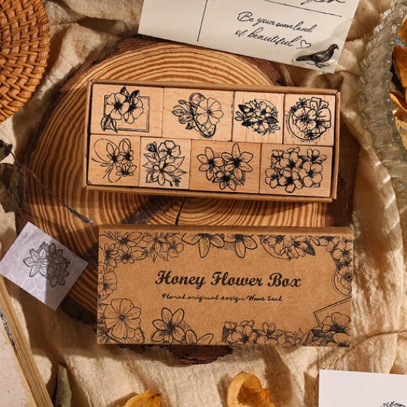 Flower Pattern Wooden Stamp (8 Counts box), Vintage Flower Design Stamp, DIY Scrapbooking Decoration Supplies for Gift Wrapping