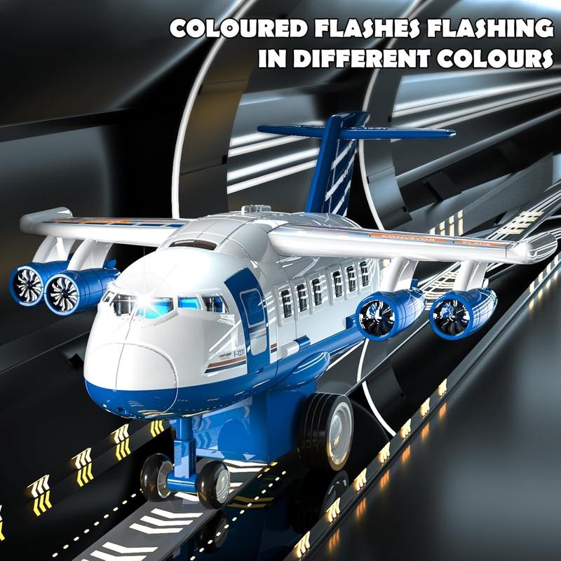 Blue Transport Cargo Airplane Toys, Airplane Car Toy Play Set includes Track, 12mini Play Vehicles, with Music and Light, Christmas gifts, birthday gifts