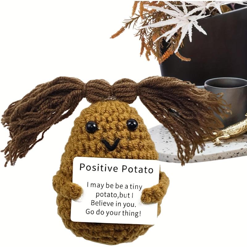 Cute Positive Potato Design Crochet Doll Ornament, Creative Knitted Potato Toy with Positive Card, Home Decor Supplies for Living Room Bedroom, Birthday Gift Ideas