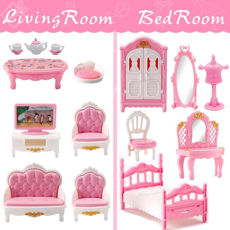 75 Pcs Dollhouse Furniture Set Accessories,Small Dollhouse Miniature Pretend Play Family Toys Gift,Toddler Boy Girl Kid 3Y+ Mini Bedroom Livingroom Bathroom Kitchen Infant Room Kit