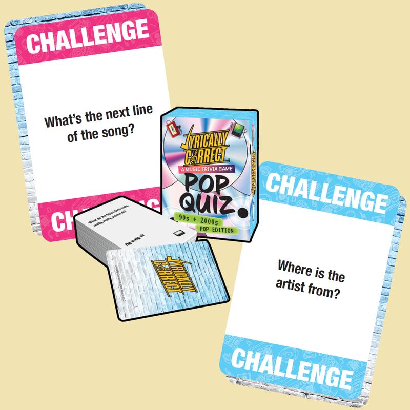 Pop Quiz: Music Trivia 90's and 2000's Pop Edition. Lyrically Correct leads to loads of fun, singing, dancing, and lots of nostalgia. This Game is a Party in a box, card game and family game.