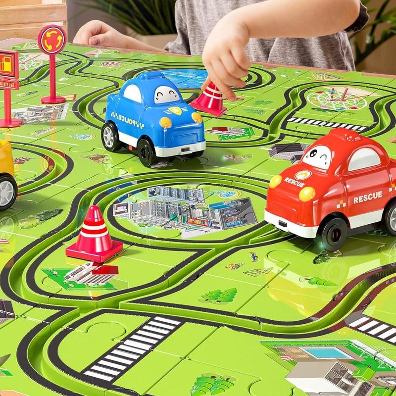 64 pieces brand new plastic puzzle, car track toy set with 3 cute vehicles, puzzle track toy set gift, educational toy for thinking, birthday, holiday toy