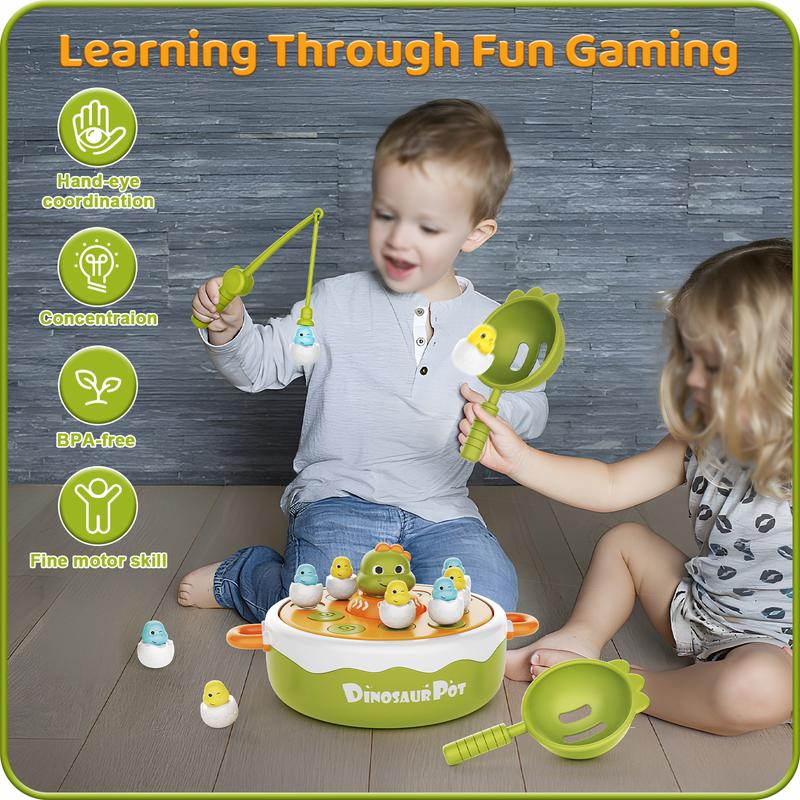 4 IN 1 Dinosaur Pop Up Board Games for Kids Magnetic Fishing Turntable Rotating Music, Dino Car Tic-Tac-Toe Developmental Toys , Dinosaur Bowling & Rolling Car Toys, Boy Girl Birthday Gift Family Operation Games