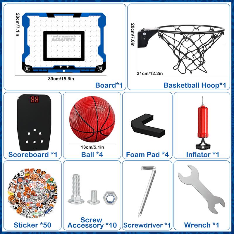 deAO Basketball Hoop Indoor,Mini Basketball Hoop with 4 Balls & Electronic Scoreboard &50 PCS Basketball Cartoon Stickers,Over The Door Basketball Hoop,Sports Game Gift