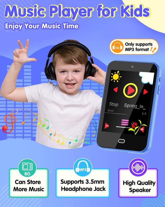 Kids Phone Toys for 3 4 5 6 Year Old Boys Touchscreen Kids Smart Phone with Dual Cameras Music Games Flashlight Alarm Pedometer Stories Sight Words Learning Toys for 3-6 Year Old Boys with 8G SD Card