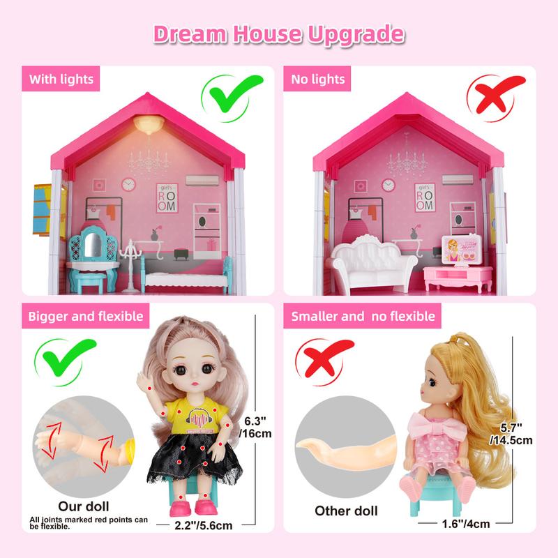 Dollhouse Building Toys, Princess Doll House, Playset with Lights, Furniture, Accessories,Cottage Pretend Doll House Set, Present for Girls Toddlers