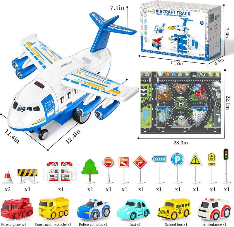 Blue Transport Cargo Airplane Toys, Airplane Car Toy Play Set includes Track, 12mini Play Vehicles, with Music and Light, Christmas gifts, birthday gifts