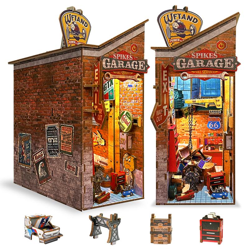 3D Wooden Garage Puzzle Miniature Book Nook Kits for Adults Teen, Book Nook Kit DIY Dollhouse Bookshelf Insert Decor with Sensor LED Light