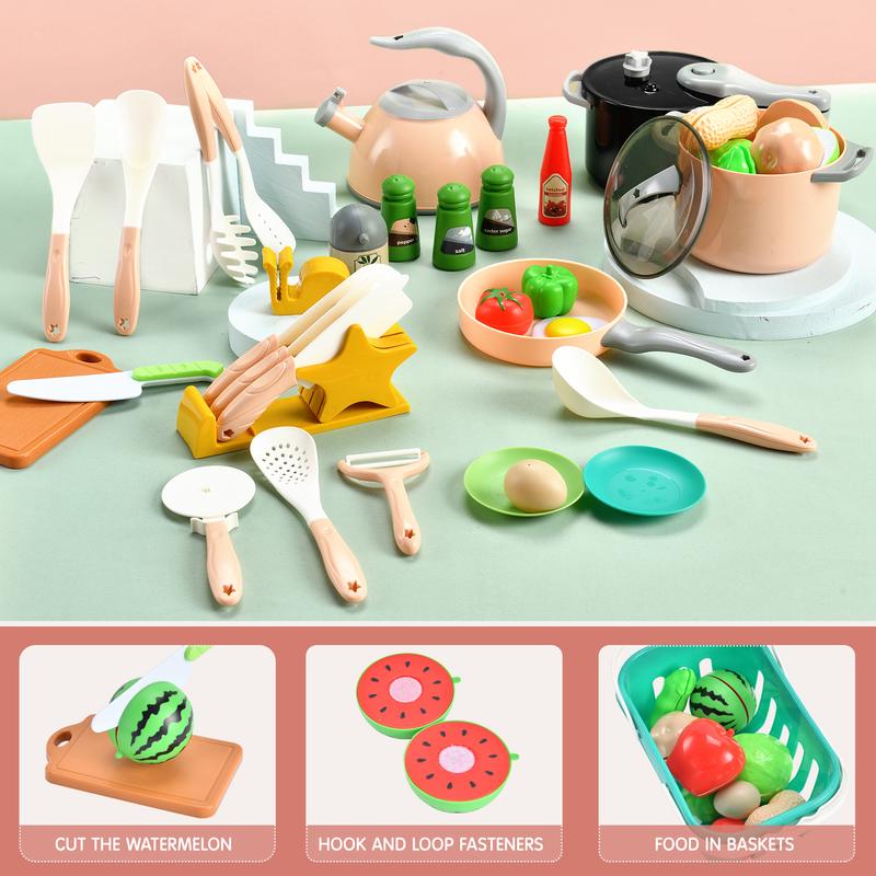 Kids Play Food Set Toy with Pots Pans and Cookware Utensils,Cooking Cutting Learning  Gift for Girls Boys