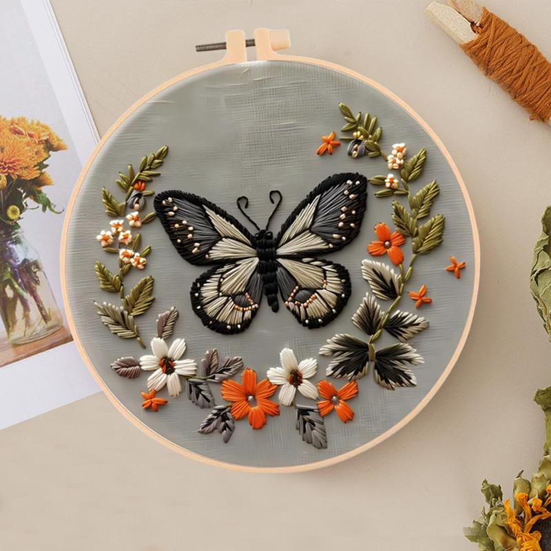 Butterfly Pattern DIY Embroidery Kit, 1 Set Embroidery with Hoop Suture Practice Kit for Adults, Handmade Unfinished Products Gifts