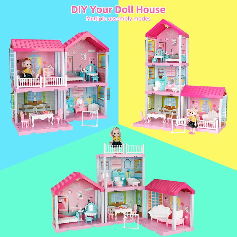 Dollhouse Building Toys, Princess Doll House, Playset with Lights, Furniture, Accessories,Cottage Pretend Doll House Set, Present for Girls Toddlers