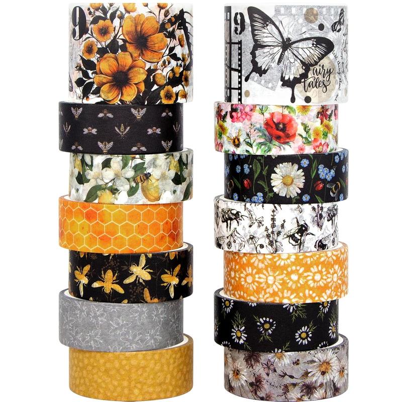 Washi Tape Set 14 Rolls, Vintage Bee Floral Butterfly Botanical Washi Tape, Yellow Black Decorative Tapes for Scrapbooking Supplies, Junk Journal, Bullet Journaling, Art Crafts