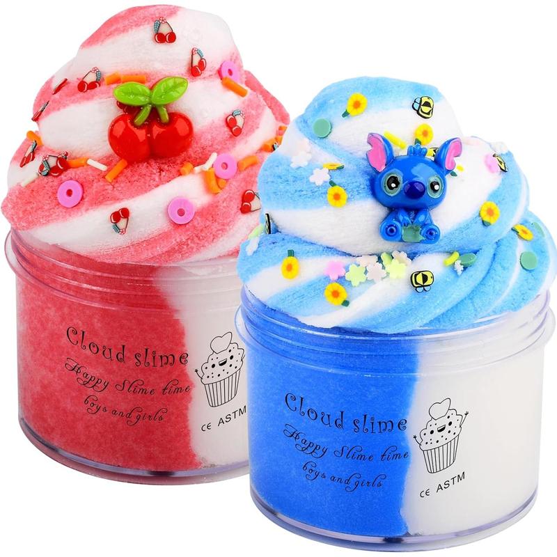 2 Pack Cloud Slime Kit, with Blue and Red Cherry Charms, Two-Tone Scented DIY Slime Pack for Girls and Boys, Birthday Gift, Party Favors, Christmas Surprise, Stress Relief Slime Toys for Kids