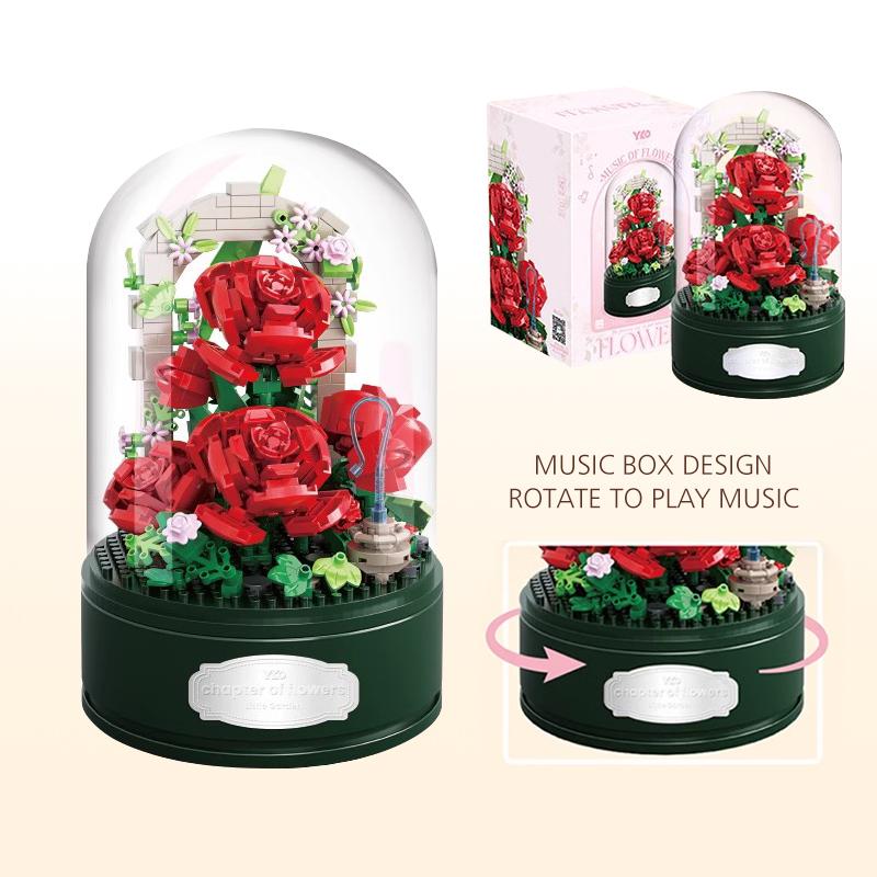 Rose Flowers Bouquet Music Box Building Set With Music(574PCS) Home Decor - Christmas, Mother's Day, Valentine's Gifts Ideal for Aldult, Girls Boys, Roses Toy Building Set with Dust Cover