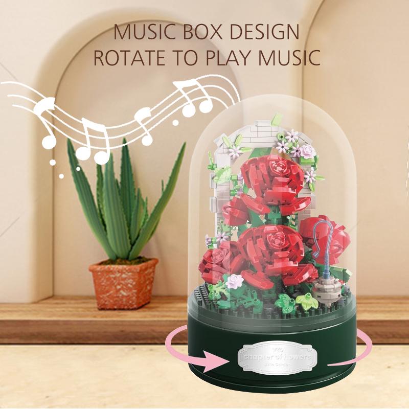 Rose Flowers Bouquet Music Box Building Set With Music(574PCS) Home Decor - Christmas, Mother's Day, Valentine's Gifts Ideal for Aldult, Girls Boys, Roses Toy Building Set with Dust Cover