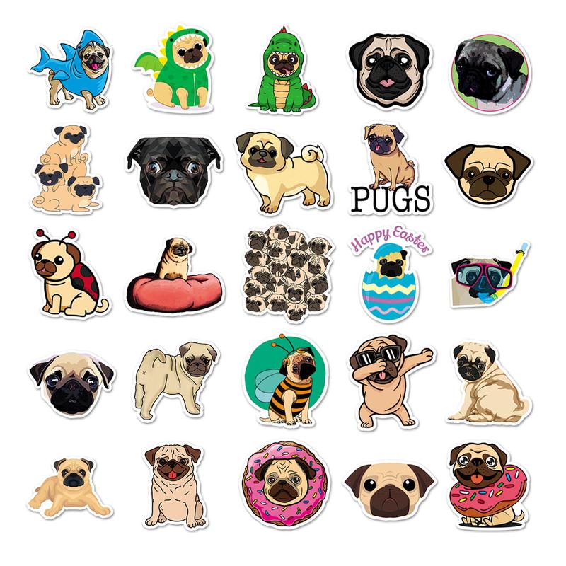 50pcs Cartoon Pug Dog Pattern Sticker, Waterproof Decorative Sticker For DIY Scrapbook, Guitar, Luggage, Skateboard