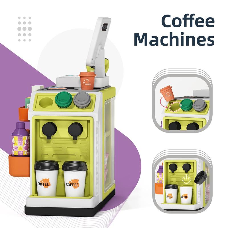 Simulated Cash Register Toy Set, 48pcs set Pretend Play Set, Including Coffee Machine, Calculator, Shopping Bag, Scanner, Credit Card, Play Food