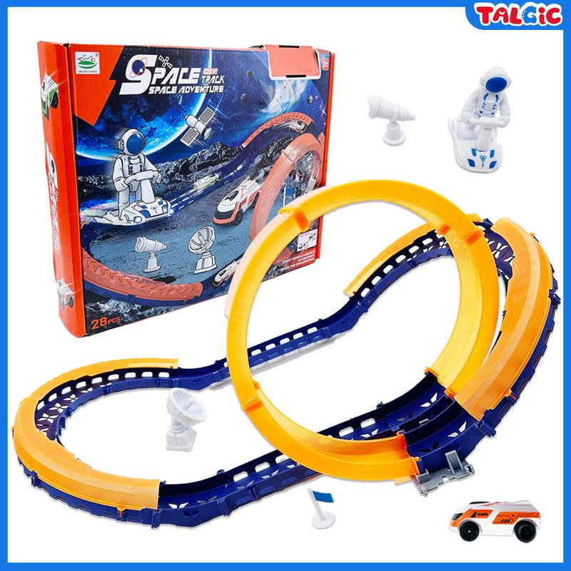 Slot-Car-Race-Track-Sets for Boys Kids, Non- Magnetic Push and Go Pull Back Trucks with 1 High-Speed Slot Car, Dual Racing Game 2 Hand Controllers Circular Overpass Track, Toys Gifts for 6-8 8-12 Boys Girls