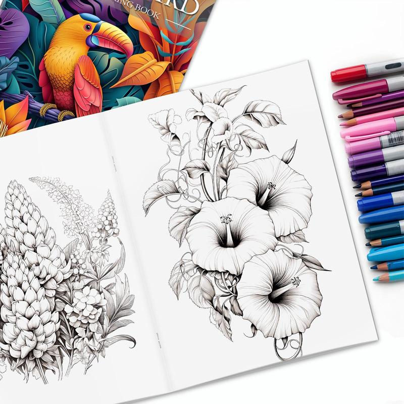 Plant Flower and Bird Theme Coloring Painting, Flowers, Birds and Plants Are Lifelike, Suitable for Halloween, Christmas Holiday Party Great Gift