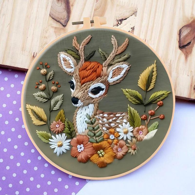 Deer Pattern DIY Embroidery Kit, 1 Set Embroidery with Hoop Suture Practice Kit for Adults, Handmade Unfinished Products Gifts