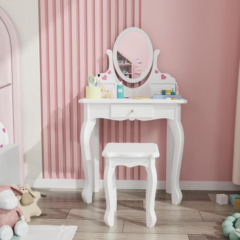 Vanity Set with 3 Drawers and Real Mirror, Princess Vanity Table and Chair Set, Makeup Dressing Table with Rotatable Mirror for Girls