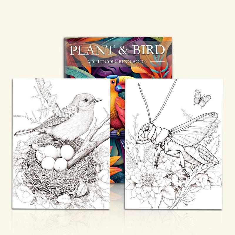 Plant Flower and Bird Theme Coloring Painting, Flowers, Birds and Plants Are Lifelike, Suitable for Halloween, Christmas Holiday Party Great Gift