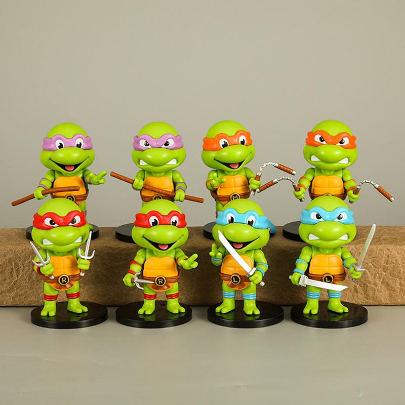 4inch Cartoon Turtles Characters Leonardo Statues Set of 8, Anime Theme Cute Desktop Decor Ornaments of Raphael Michelangelo Donatello, Cake Toppers