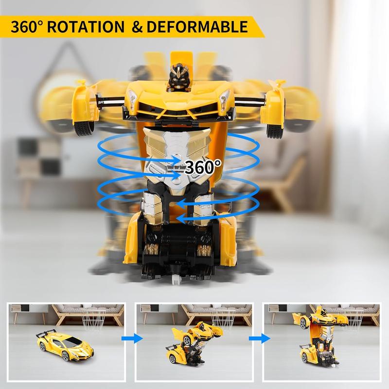 Remote Control Car - Transform, One-Button Deformation & 360?Rotating Drifting, Transform Robot RC Car with LED Light, Toy Gifts for 4 5 6 7 8 9 10 11 12 Years Old Boy (Yellow)