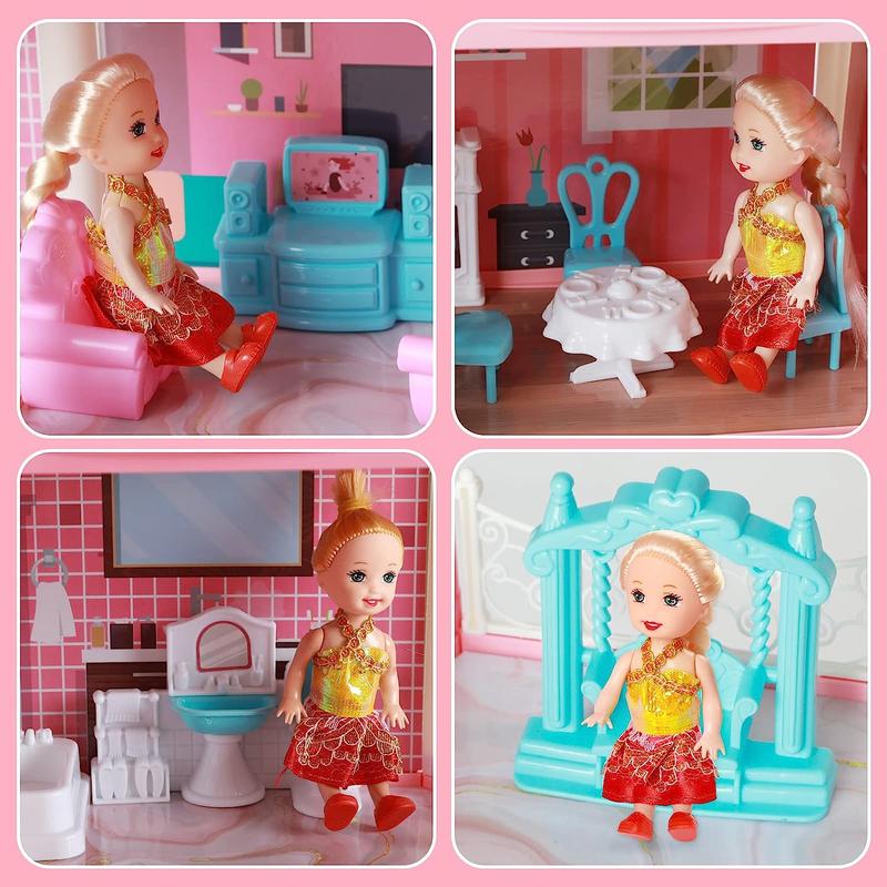 1 Set 3 Layer Doll House With 4 Dolls, Big Doll House Playhouse Girls Toys, Home Decor,  Fun Gifts for Girl, Dream Doll House Toy For Kids