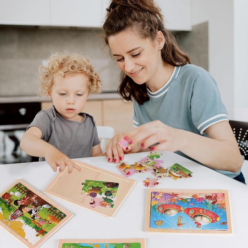 Wooden Puzzles Toys for Kids Ages 3-5, Set of 4 Packs with 20-Piece Farm, Animals Theme Wood Jigsaw Puzzles, Preschool Educational Brain Teaser Toys for Boys and Girls 3-6 Years Old.