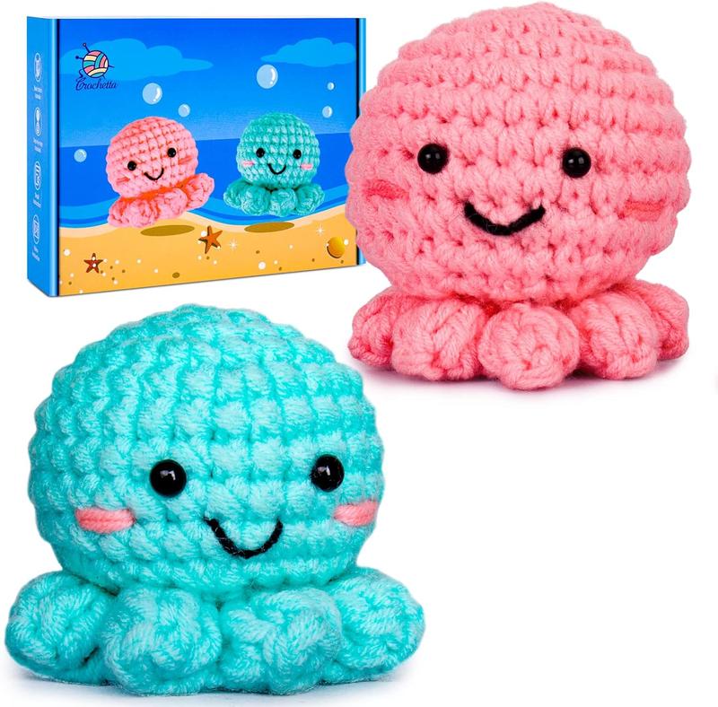 Crochetta Crochet Kit for Beginners, Amigurumi Crocheting Animals Kits w Step-by-Step Video Tutorials, Knitting Starter Pack for Adults and Kids, Jumbo 2 Octopus Familly (40%+ Yarn Content)