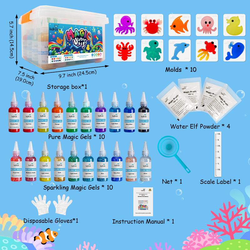 Kiditos Magic Water Elf Toy Kit with 20 Magic Gels, 10 Molds - Imaginative Play, Christmas Gifts, Birthday Gifts, Party Favors, and Family-Friendly DIY STEM Projects (20 Colors)