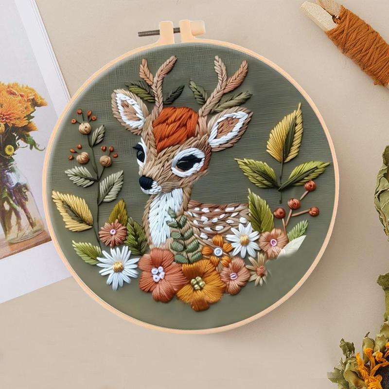 Deer Pattern DIY Embroidery Kit, 1 Set Embroidery with Hoop Suture Practice Kit for Adults, Handmade Unfinished Products Gifts