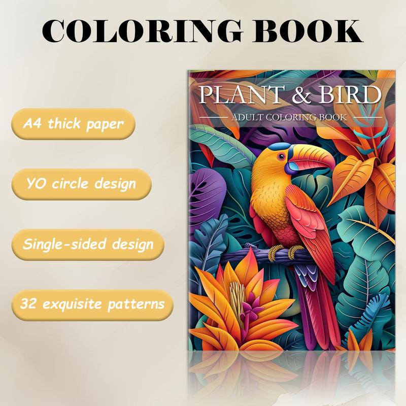 Plant Flower and Bird Theme Coloring Painting, Flowers, Birds and Plants Are Lifelike, Suitable for Halloween, Christmas Holiday Party Great Gift