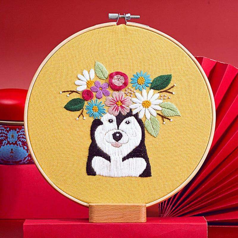 Embroidery Kit For Beginner| Modern Embroidery Kit with Pattern| Pet Embroidery Full Kit with Needlepoint Hoop| DIY Craft Kit Dog Pattern