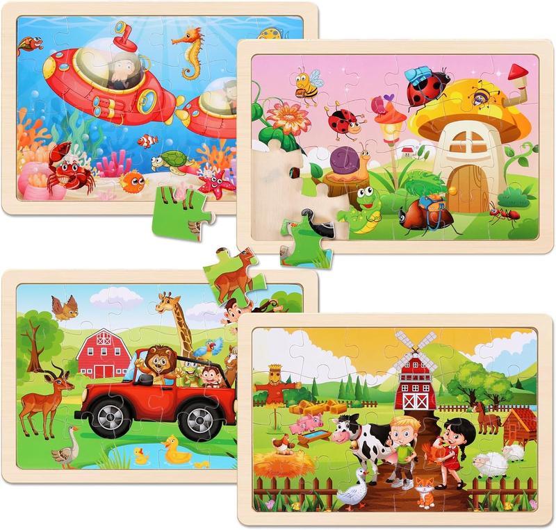 Wooden Puzzles Toys for Kids Ages 3-5, Set of 4 Packs with 20-Piece Farm, Animals Theme Wood Jigsaw Puzzles, Preschool Educational Brain Teaser Toys for Boys and Girls 3-6 Years Old.