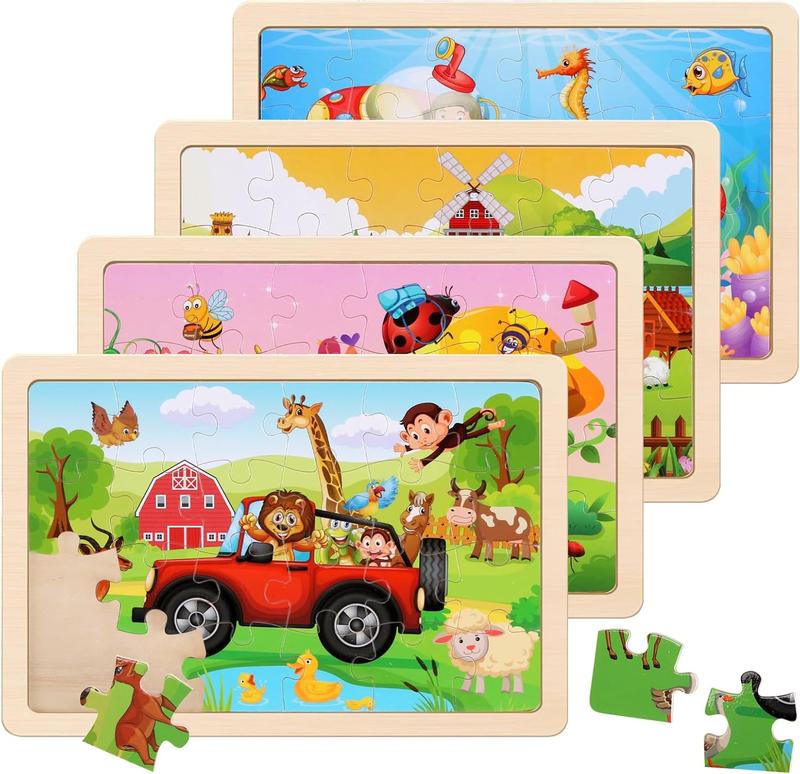 Wooden Puzzles Toys for Kids Ages 3-5, Set of 4 Packs with 20-Piece Farm, Animals Theme Wood Jigsaw Puzzles, Preschool Educational Brain Teaser Toys for Boys and Girls 3-6 Years Old.