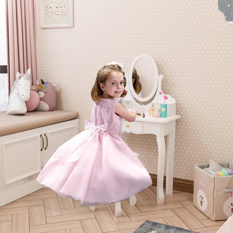 Vanity Set with 3 Drawers and Real Mirror, Princess Vanity Table and Chair Set, Makeup Dressing Table with Rotatable Mirror for Girls