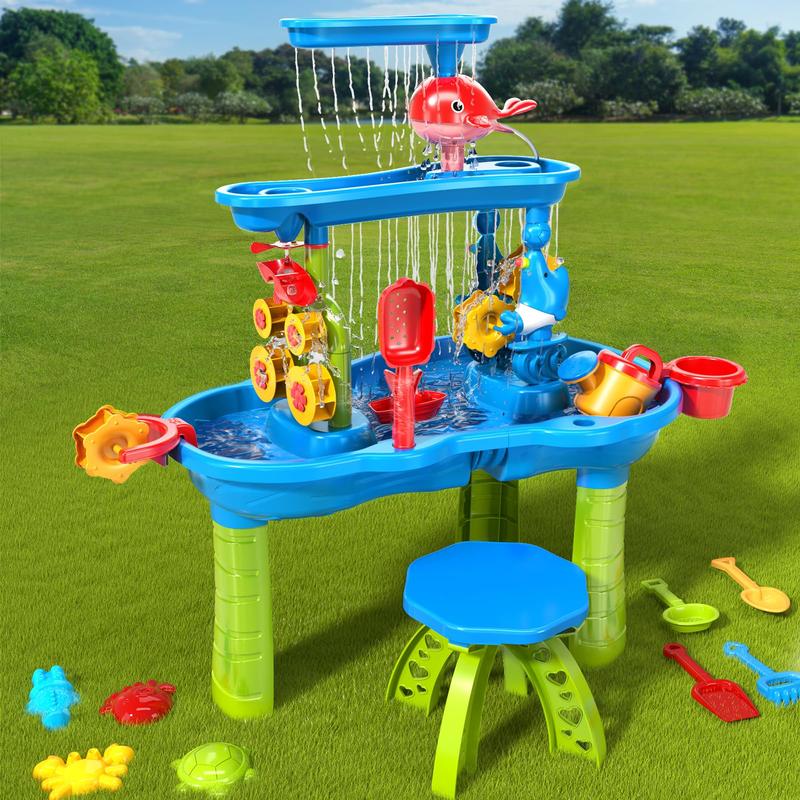 Water Table |  Sand and Water Table | 3-Tier Outdoor Water Play Table Toys  | Water Sensory Tables Summer Beach Toys for Outside Backyard