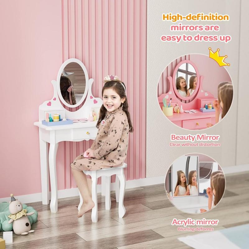 Vanity Set with 3 Drawers and Real Mirror, Princess Vanity Table and Chair Set, Makeup Dressing Table with Rotatable Mirror for Girls