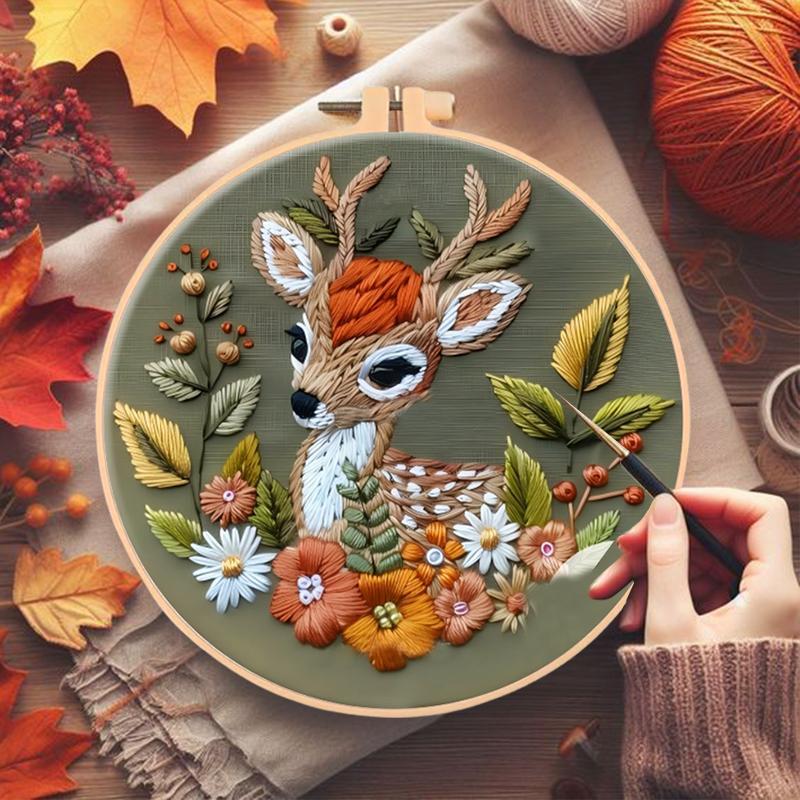 Deer Pattern DIY Embroidery Kit, 1 Set Embroidery with Hoop Suture Practice Kit for Adults, Handmade Unfinished Products Gifts